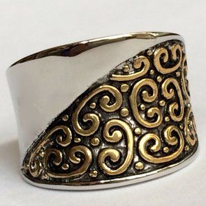 Silver Gold Art Deco Cocktail Ring Size 6 7 Two Tone Rhodium Plated Statement